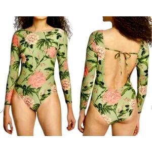 Agua Bendita Target Green Peony Floral Long Sleeve 1 Piece Swimsuit Bodysuit XL